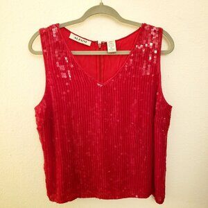 Alfani Red Silk Sequin Covered Sleeveless Top, Rayon Lined Size XL GUC
